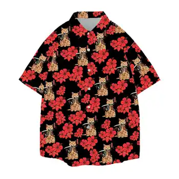Jumeast Samurai Cat Гавайские Рубашки Для Мужчин С Цветами Гибискуса, Женская Рубашка Aloha С Рисунком Суши, Блузка В Японском Стиле, Пляжная Одежда