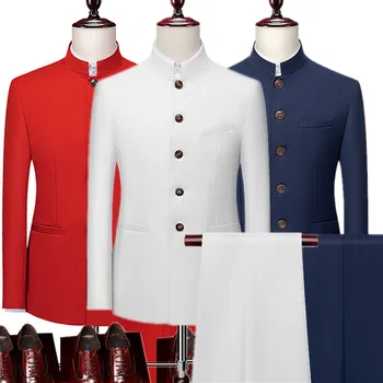 Модный мужской ретро-комплект из 2 предметов, блейзер, брюки, роскошная вышивка, мужской костюм Тан, куртка, брюки Плюс размер M-6XL, 2 шт