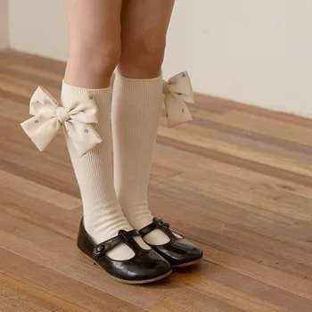 2 шт./компл. Чулки для маленьких девочек, однотонные носки с бантиком до икр, длинные мягкие хлопчатобумажные носки в винтажном стиле, детские носки