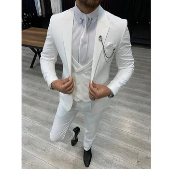 Новые модные костюмы для мужчин 2023, Белый Однобортный пиджак с заостренным лацканом, Приталенный Элегантный блейзер, куртка-тройка, Брюки, жилет 2023