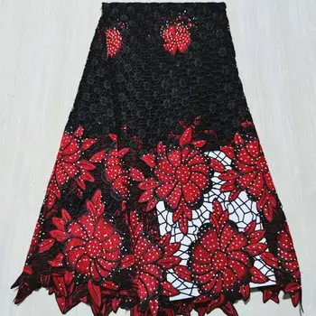 LYYG01 Черное + красное африканское водорастворимое кружево с камнями, высококачественная вышитая гипюровая шнуровая кружевная ткань для вечеринки/свадебного платья