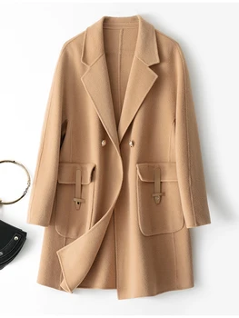 Популярное женское пальто из чистой шерсти, двустороннее шерстяное пальто 2023 года, модный теплый женский топ в тон.