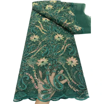 Модная Зеленая Африканская сетчатая Кружевная ткань 2023 года, Высококачественная 5 ярдов, Нигерийская вышивка, блестки, Тюлевая кружевная ткань для свадьбы T573