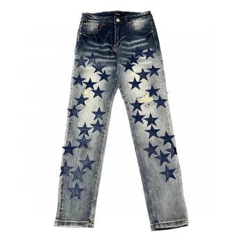 Новые летние качественные мужские джинсы Классические хлопчатобумажные байкерские рваные брюки Модные стрейчевые узкие джинсы Джинсовые мото прямые брюки с нашивкой в виде звезды