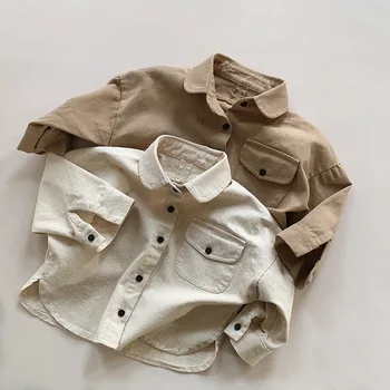 Осенние детские однотонные рубашки 2023 года, пальто в корейском стиле, винтажные повседневные хлопчатобумажные куртки, верхняя одежда для мальчиков