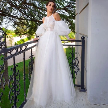Свадебные платья из тюля OYISHA Illusion, Свадебное платье с круглым вырезом и рукавом-фонариком, Прозрачная спинка, Длина до пола, На заказ, vestidos de boda 2023
