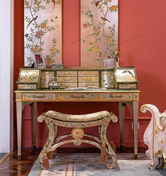 Роскошный массив дерева в европейском французском стиле с росписью золотой и серебряной фольгой в цветочек столы, парты, стулья, туалетные столики, стулья