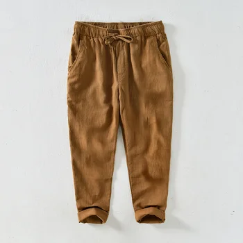 L8223 Весенне-летние модные мужские повседневные ретро-брюки из хлопка премиум-класса Ramie с эластичной талией, однотонные простые базовые прямые брюки