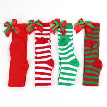 Рождественские и Хеллоуинские женские эластичные носки выше колена с бантом, полосатые носки для девочек, носки до бедра, хлопковые длинные чулки