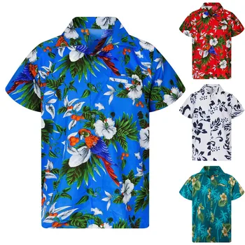 2023 Гавайская рубашка Мужская Модная блузка с цветочным геометрическим принтом, однобортный Пляжный топ с коротким рукавом, Мужская праздничная блузка Camisa
