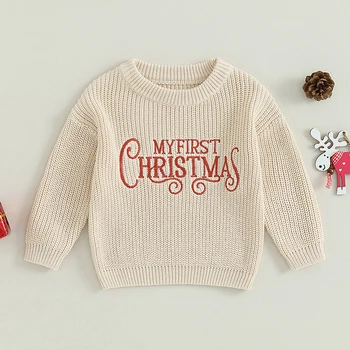 FOCUSNORM 0-24 м, Осенне-зимний рождественский свитер для маленьких девочек, пуловер с длинным рукавом и буквенным принтом, Трикотажная верхняя одежда
