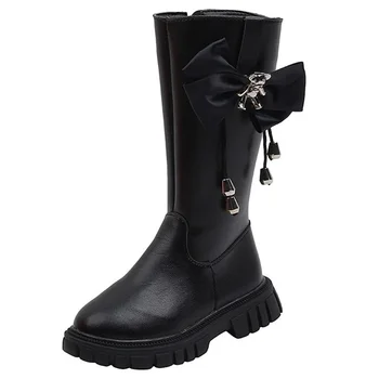 Kruleepo/ Модные ботинки Martin с бабочкой для девочек, осенне-зимние зимние ботинки с высоким берцем для маленьких детей, теплая плюшевая обувь из искусственной кожи