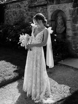 Элегантные свадебные платья с V-образным вырезом, аппликации, кружевное свадебное платье из тюля трапециевидной формы, пляжное простое свадебное платье bestidos de novia