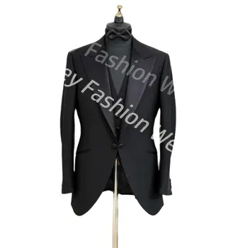 Черный 3шт Полный мужской костюм Элегантный комплект Роскошной одежды Дизайнер Бойфренд Приталенный Мужской Блейзер для свадебной церемонии Брюки Наряд