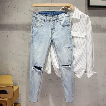Новая 2023 летняя мода светлого стрейч повседневные Роскошные дизайнерские парень 90-х годов хип-хоп синий колено отверстие джинсы для мужчин