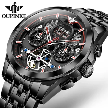 OUPINKE Роскошные мужские часы с турбийоном, многофункциональный дизайн, мужские часы, лидирующий бренд, водонепроницаемые повседневные автоматические механические часы из стали