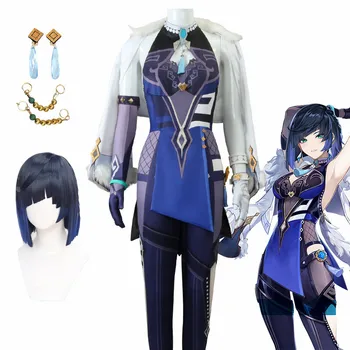 Косплей костюм Genshin Impact Yelan, сексуальная унисекс одежда для ролевых игр, полные комплекты синего парика, униформа для косплея, платье Ye lan XXXL