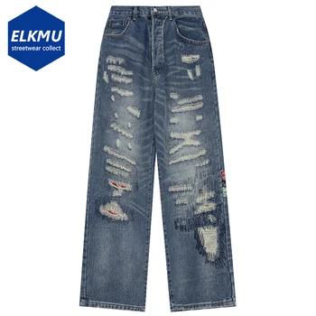 Уличная одежда Винтажные Рваные джинсы в стиле пэчворк с Пейсли, Потертые Мешковатые джинсы, мужские мешковатые джинсовые брюки в стиле харадзюку в стиле хип-хоп, ретро-синие