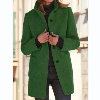 2023 Зимнее женское элегантное винтажное шерстяное пальто с длинным рукавом и воротником-стойкой на пуговицах, Флисовое теплое женское пальто большого размера, куртка