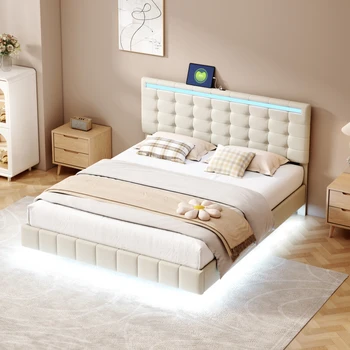 Мягкая кровать 160 x 200 см, мягкий каркас плавающей кровати со светодиодной подсветкой и дизайном изголовья, большая двуспальная кровать для гостей be