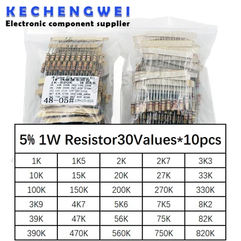 300шт Комплект резисторов 1 Вт 5% 30 значений * 10шт комплект углеродной пленки мощностью 1 К-820К Ом мощностью 1 Вт