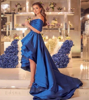 Женские выпускные платья с высокой посадкой для вечерней вечеринки, королевское синее вечернее платье из многоярусного атласа с оборками, вечернее платье с открытыми плечами, vestidos