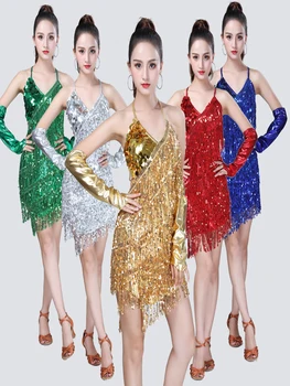 Платье для латиноамериканских танцев с золотой кисточкой, блестками и перчатками, женское сексуальное мини-платье без рукавов на бретельках с V-образным вырезом, женские платья для бальных танцев