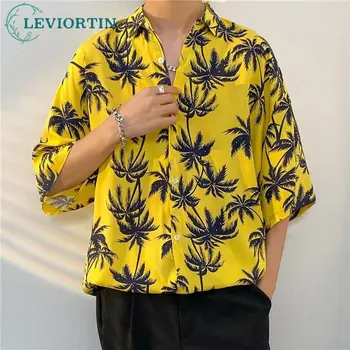 Блузка для пляжного отдыха в стиле хип-хоп, топы с гавайским принтом в виде листьев, Свободные рубашки с коротким рукавом, Летние мужские рубашки на пуговицах с коротким рукавом
