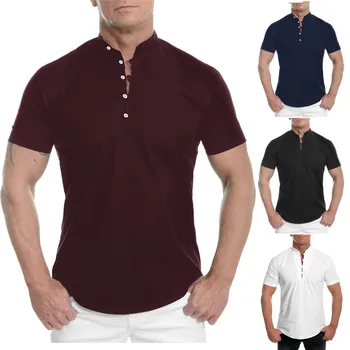Цветная летняя блузка с коротким воротником и рукавом мандарин, Рубашки для мужчин, Топы 2023 года, Летняя приталенная однотонная мужская блузка, Гавайская одежда