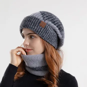 Осенне-зимний двухцветный шерстяной вязаный пуловер с горловиной для панамских девочек, модная теплая шапка H143 для улицы
