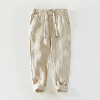 Простые повседневные брюки со свободным эластичным поясом для мужчин, тонкие дышащие прямые мужские брюки из чистого льна, новинка лета 2023