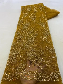 Расшитая бисером кружевная ткань Роскошные хрустальные бусины ручной работы для свадебного платья Высококачественный Нигерийский тюль Сетка Черный расшитый блестками Материал Diy