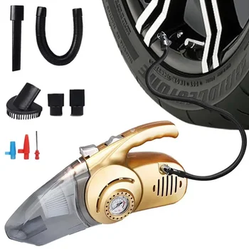 Автомобильный пылесос 4-в-1, влажная и сухая тряпка для ухода за автомобилем с манометром давления в шинах и подсветкой накачки воздуха