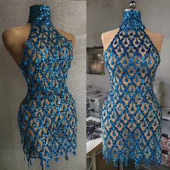 Голубое стрейчевое платье с крупными камнями, Сексуальные Прозрачные платья с пайетками, женское вечернее платье для празднования Дня Рождения, костюм 6857