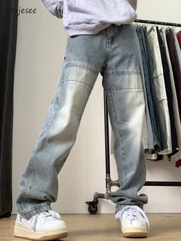 Джинсы Мужские в американском стиле, уличные джинсовые брюки в стиле ретро, свободные, шикарные, универсальные, летние, Harajuku College New во всю длину
