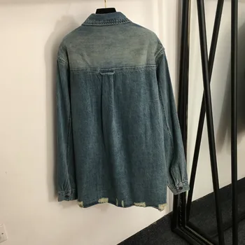 Винтажная джинсовая рубашка с лацканами, женская осенняя новинка 2023, модный однобортный свободный топ