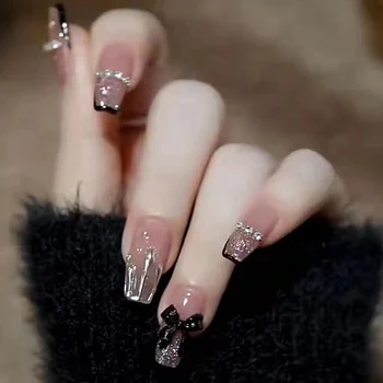 накладные ногти 24шт, нажимаются на короткие, многоразовые, с дизайнерским набором, французские искусственные накладные ногти, наклеивающиеся на кончики ногтей, тип клея для художественного желе