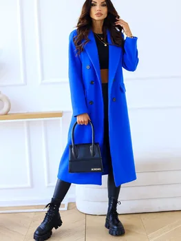 Осеннее однотонное пальто с отложным воротником, женское двубортное пальто с длинными рукавами и пуговицами, согревающее, средней длины, против морщин, зимнее пальто