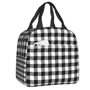 Черно-белый клетчатый ланч-бокс для женщин, кулер в геометрическую клетку, Термосумка для ланча с пищевой изоляцией, сумки для работы, сумки для пикника