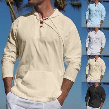 2023, Весна-Лето, Новая повседневная мужская рубашка большого размера, Удобные хлопчатобумажные льняные мужские топы, Модные рубашки с капюшоном и длинным рукавом