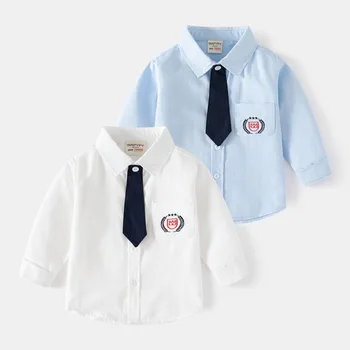 Хлопчатобумажные рубашки для мальчиков, Модный отложной воротник, Карман с длинным рукавом, Однотонные Детские рубашки, Весенне-осенние Тонкие Топы для мальчиков