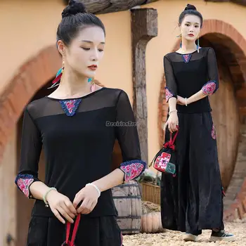 2023 китайская традиционная китайская винтажная сетчатая блузка с национальной цветочной вышивкой в стиле ретро с коротким рукавом hanfu tops tang suit