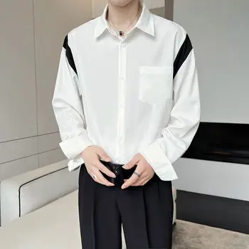 Мужская рубашка с длинным рукавом, шелковая драпировка без железа, осенние повседневные белые рубашки в стиле пэчворк для мужчин, роскошная внутренняя рубашка с карманом на пуговицах