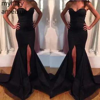 Сексуальное черное вечернее платье большого размера, женское платье с разрезом сбоку, атласное платье-русалка, вечернее платье с высоким вырезом, платье-русалка