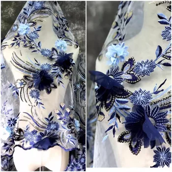 1 ярд пайеток с повторной вышивкой цветка птицы с хвостом феникса Кружевная ткань Дизайнерская ткань для вышивки одежды