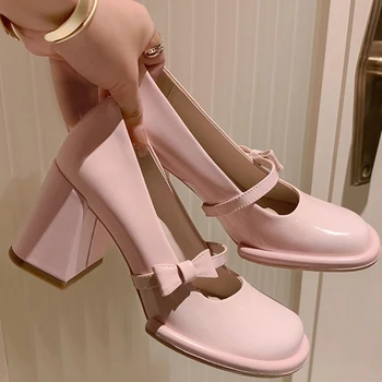 2023 Новые милые розовые женские туфли Mary Jane на толстом высоком каблуке, Элегантные женские туфли-лодочки с бантом, женская обувь в стиле ретро на черном каблуке