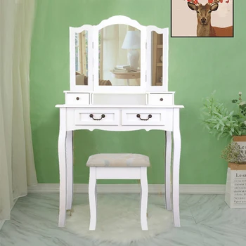 Туалетный столик в элегантном стиле, Стол для макияжа с табуреткой, Белый Косметический столик с зеркалом, Большое место для хранения вещей, Подходит для спальни