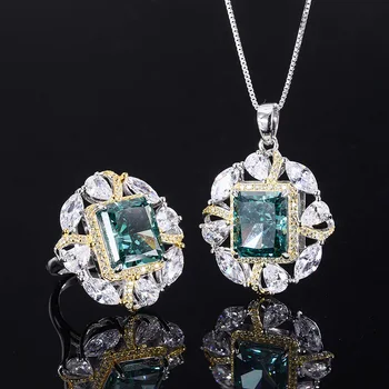 Элегантный комплект ювелирных изделий из стерлингового серебра 925 пробы с зеленым высокоуглеродистым бриллиантом, женское ожерелье, кольцо, бесплатная доставка, подарок на День матери
