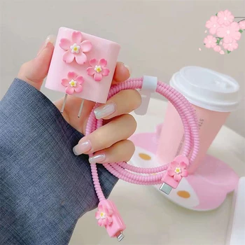 Симпатичный 3D розовый цветок Вишневый цветок, защитная крышка USB-кабеля в форме лапы для iPhone 18 Вт-20 Вт, кабель для быстрой зарядки от линии передачи данных, чехол для быстрой зарядки