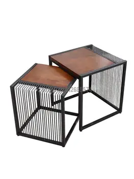 Креативный маленький квадратный столик из кованого железа и цельного дерева, комбинированный журнальный столик с несколькими углами, Простой маленький столик, журнальный столик